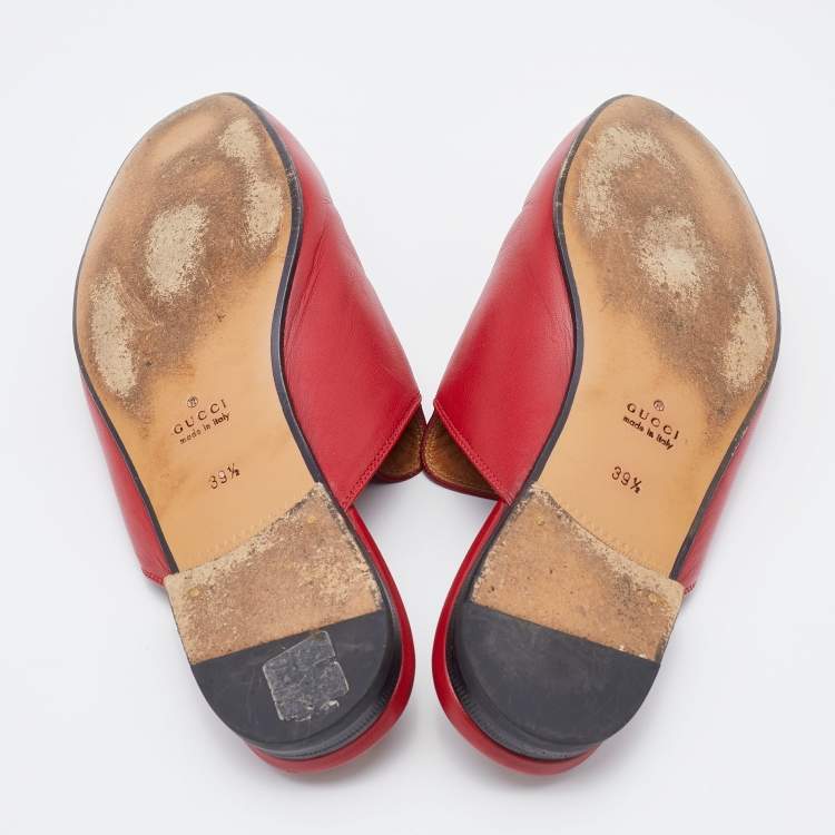 Pre Owned Gucci Red Leather Princetown Horsebit Flat Mules Size 39.5
