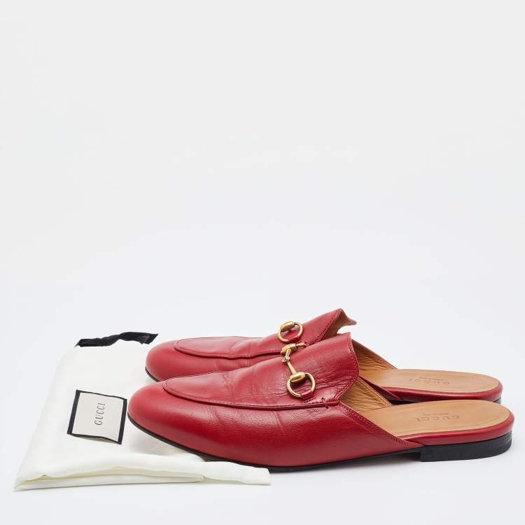 Pre Owned Gucci Red Leather Princetown Horsebit Flat Mules Size 39.5