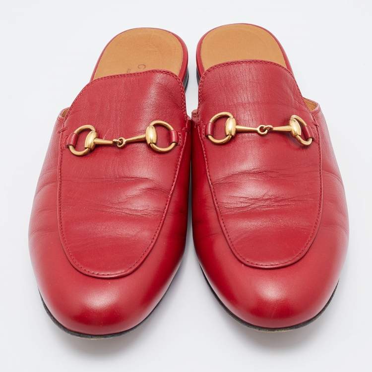 Pre Owned Gucci Red Leather Princetown Horsebit Flat Mules Size 39.5