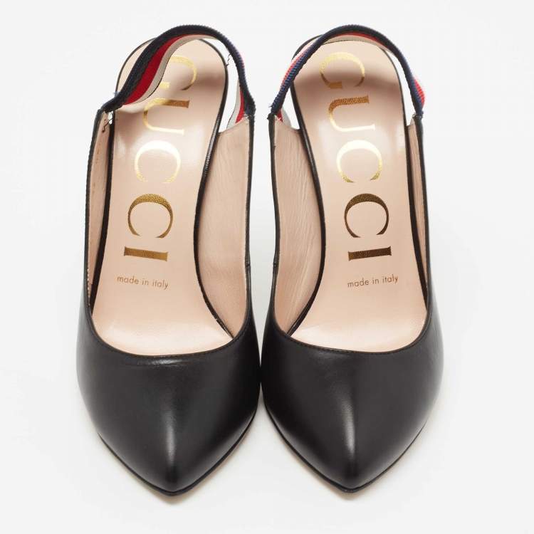 Pre Owned Gucci Black Leather Web Sylvie Slingback Pumps Size 36