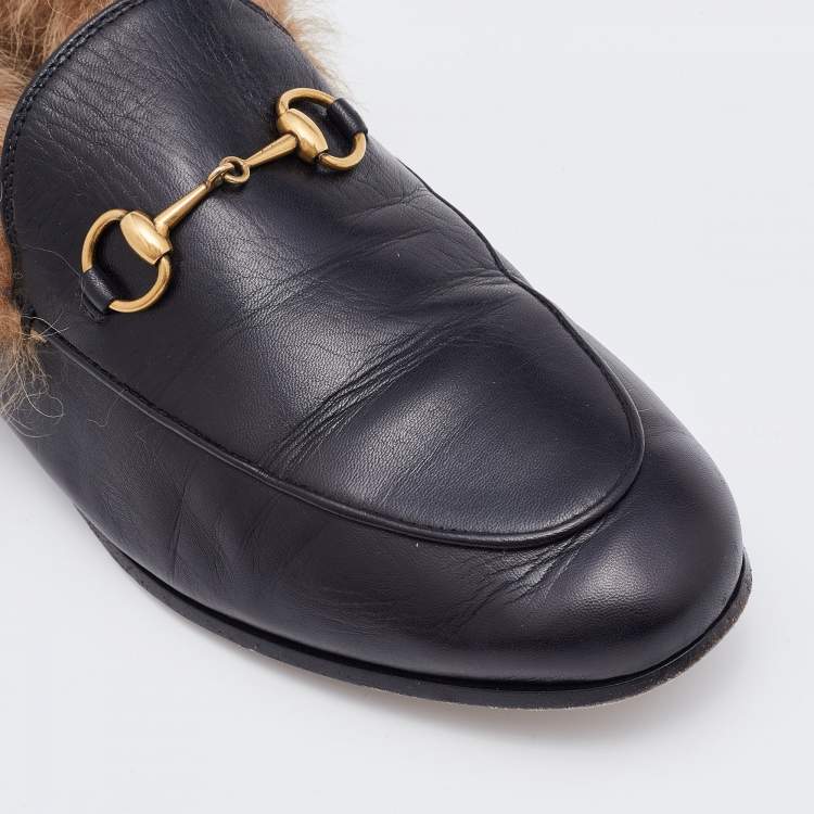 Pre Owned Gucci Black Leather and Fur Princetown Horsebit Slip On Loafers Size 39