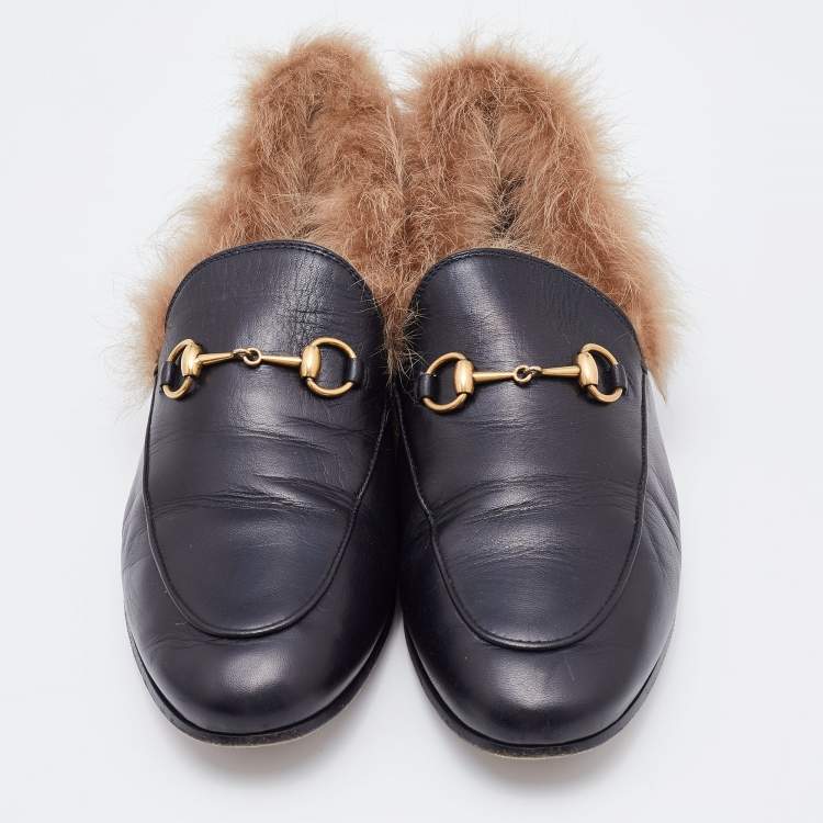 Pre Owned Gucci Black Leather and Fur Princetown Horsebit Slip On Loafers Size 39