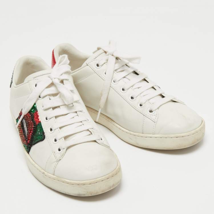 Pre Owned Gucci White Leather Embellished Lip Ace Sneakers Size 37