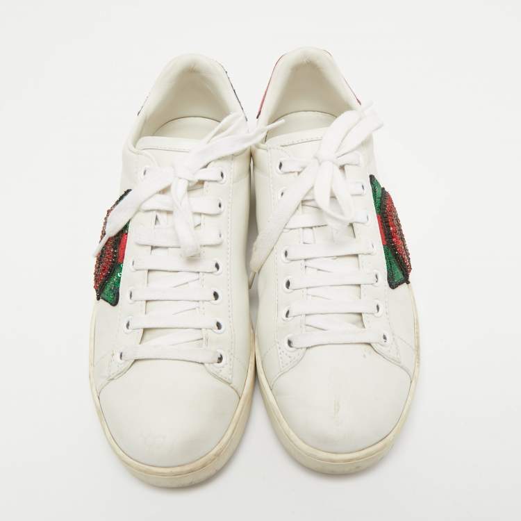 Pre Owned Gucci White Leather Embellished Lip Ace Sneakers Size 37