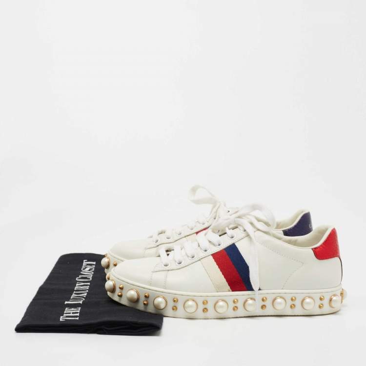 Pre Owned Gucci White Leather Pearl Embellished Ace Sneakers Size 35