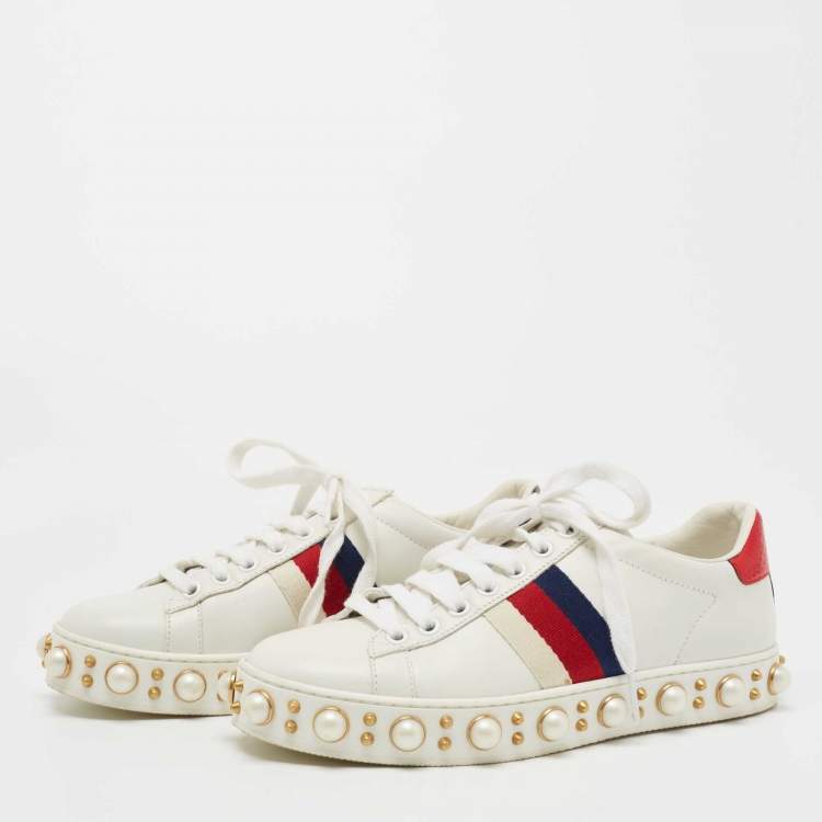 Pre Owned Gucci White Leather Pearl Embellished Ace Sneakers Size 35