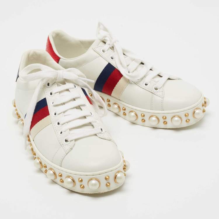 Pre Owned Gucci White Leather Pearl Embellished Ace Sneakers Size 35