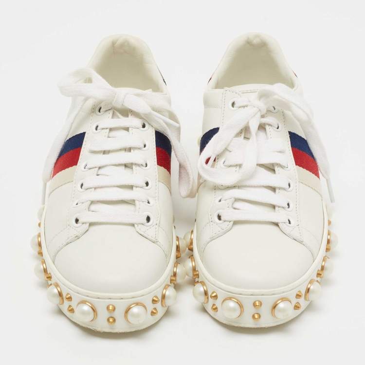 Pre Owned Gucci White Leather Pearl Embellished Ace Sneakers Size 35