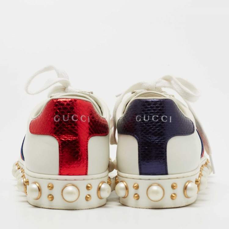 Pre Owned Gucci White Leather Pearl Embellished Ace Sneakers Size 35