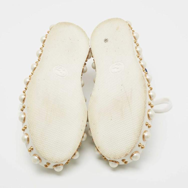 Pre Owned Gucci White Leather Pearl Embellished Ace Sneakers Size 35