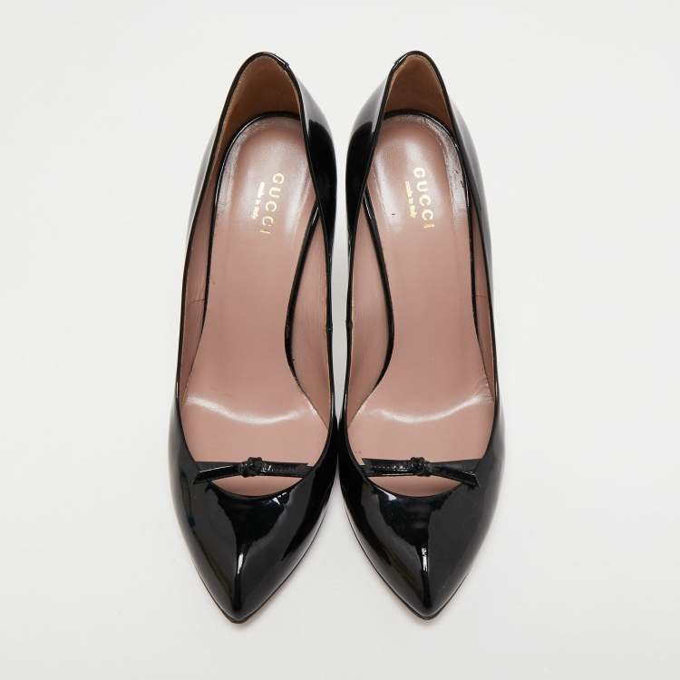Pre Owned Gucci Black Patent Leather Bow Pumps Size 38.5