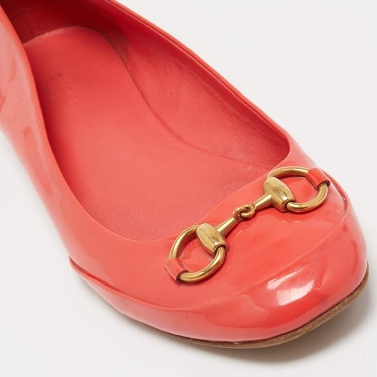 Pre Owned Gucci Orange Patent Leather Horsebit Ballet Flats Size 39