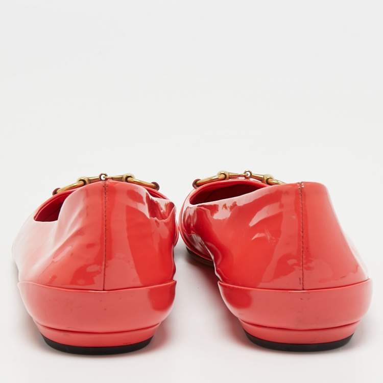Pre Owned Gucci Orange Patent Leather Horsebit Ballet Flats Size 39