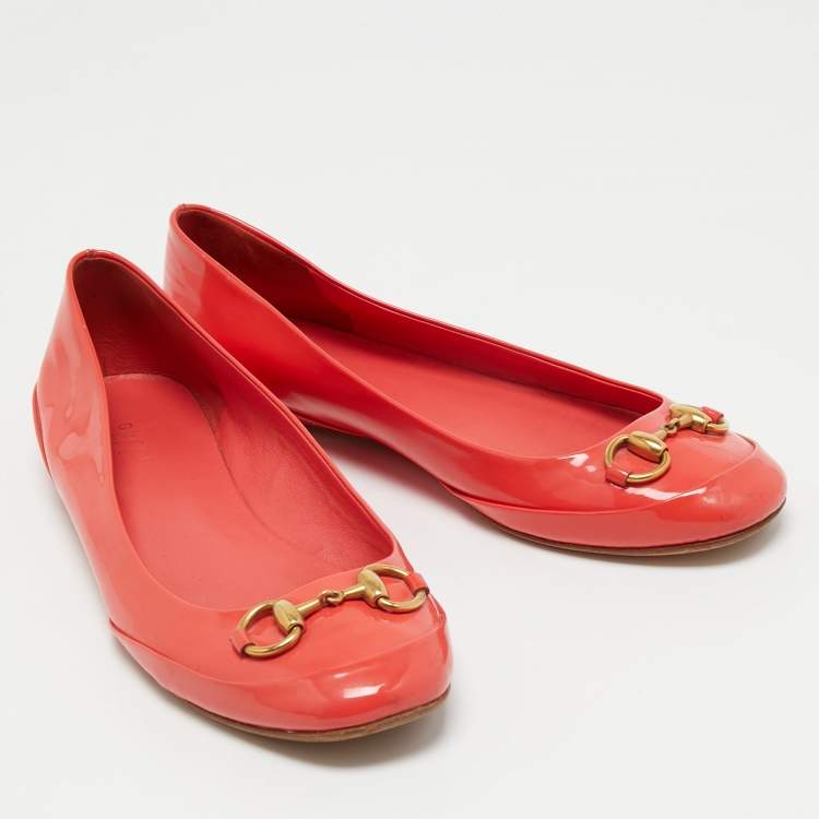 Pre Owned Gucci Orange Patent Leather Horsebit Ballet Flats Size 39
