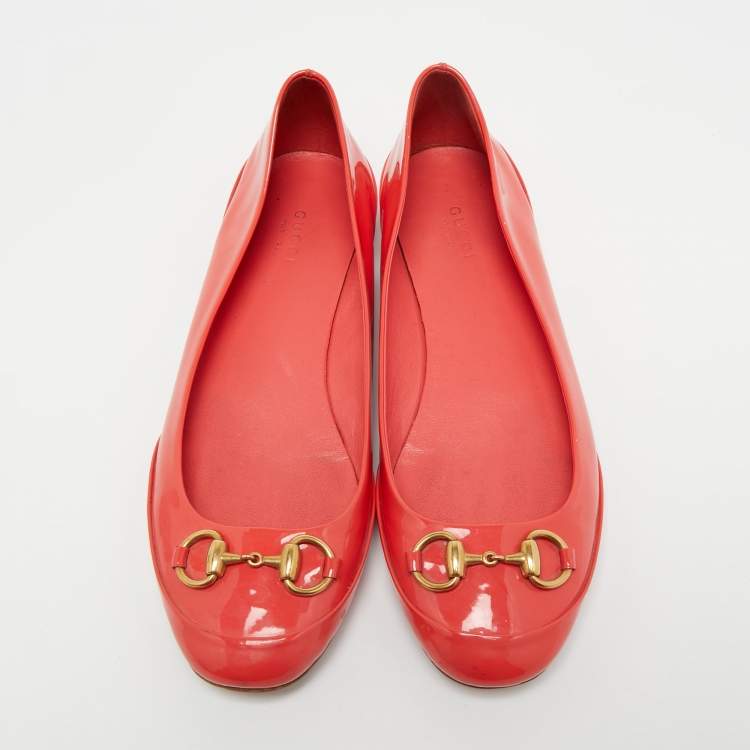 Pre Owned Gucci Orange Patent Leather Horsebit Ballet Flats Size 39