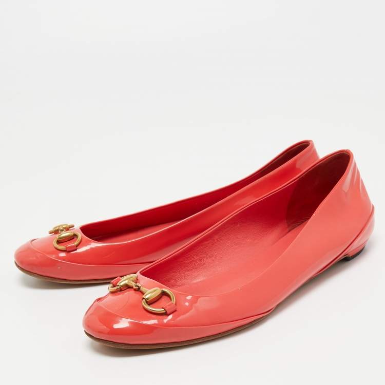 Pre Owned Gucci Orange Patent Leather Horsebit Ballet Flats Size 39