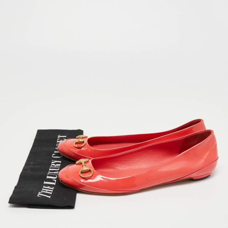 Pre Owned Gucci Orange Patent Leather Horsebit Ballet Flats Size 39