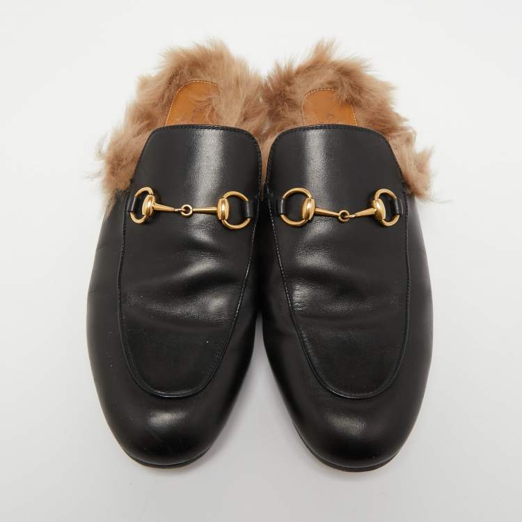 Pre Owned Gucci Black Leather and Fur Princetown Flat Mules Size 38