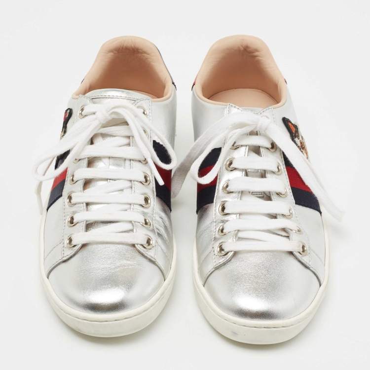 Pre Owned Gucci Silver Leather Embroidered Ace Sneakers Size 35