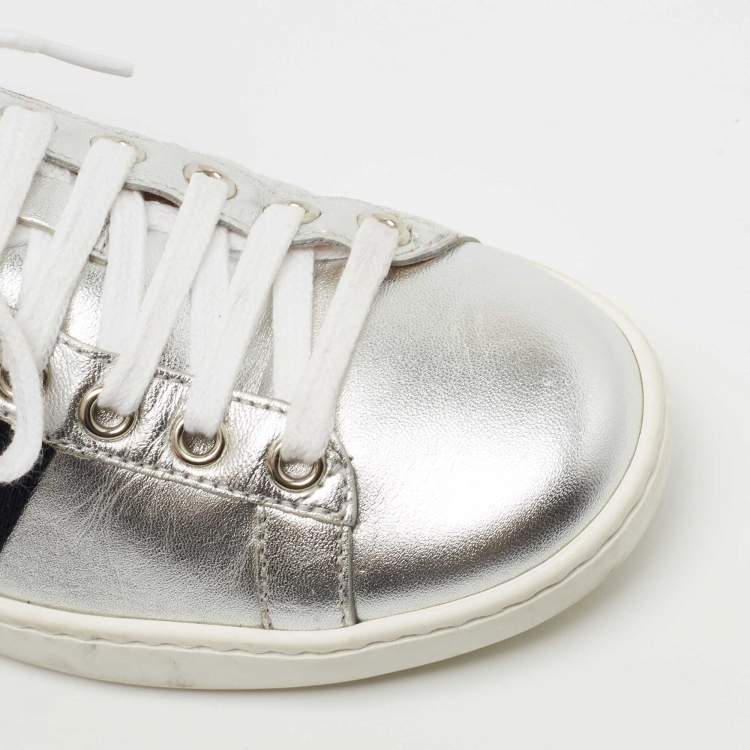 Pre Owned Gucci Silver Leather Embroidered Ace Sneakers Size 35