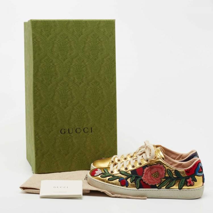 Pre Owned Gucci Gold Python Embossed Leather and Leather Floral Embroidered Ace Low Top Sneakers Size 37