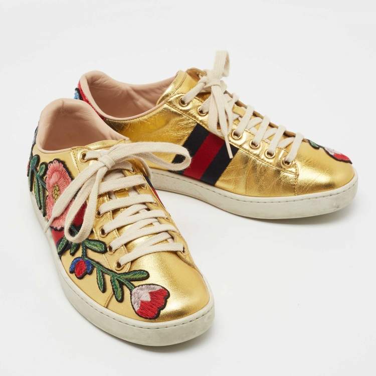 Pre Owned Gucci Gold Python Embossed Leather and Leather Floral Embroidered Ace Low Top Sneakers Size 37