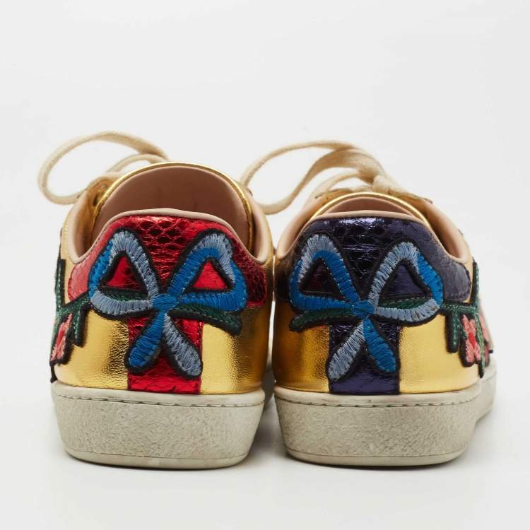Pre Owned Gucci Gold Python Embossed Leather and Leather Floral Embroidered Ace Low Top Sneakers Size 37