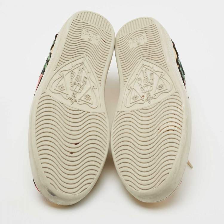 Pre Owned Gucci Gold Python Embossed Leather and Leather Floral Embroidered Ace Low Top Sneakers Size 37