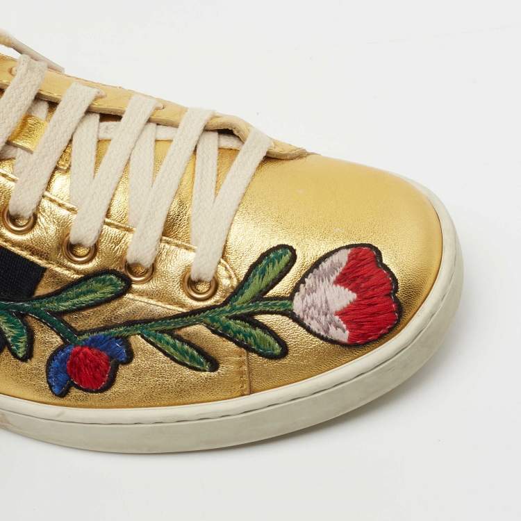 Pre Owned Gucci Gold Python Embossed Leather and Leather Floral Embroidered Ace Low Top Sneakers Size 37
