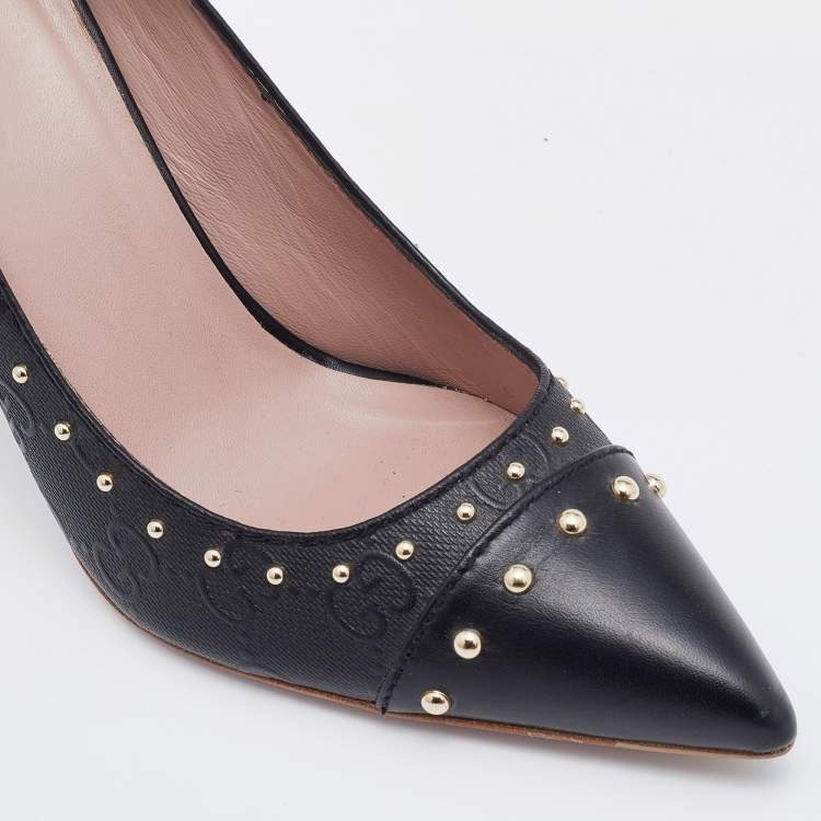 Pre Owned Gucci Black GG Embossed Leather Embellished Pumps Size 38