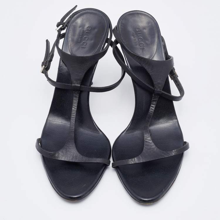 Pre Owned Gucci Black Leather Strappy Sandals Size 37.5