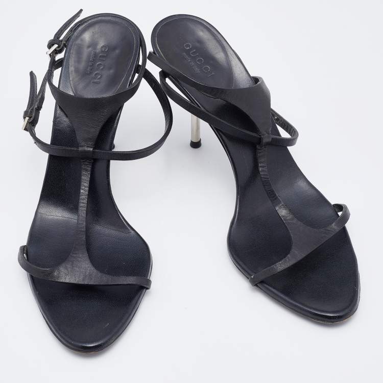 Pre Owned Gucci Black Leather Strappy Sandals Size 37.5