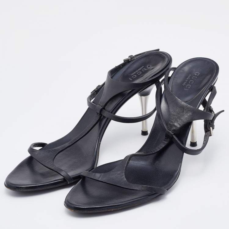Pre Owned Gucci Black Leather Strappy Sandals Size 37.5