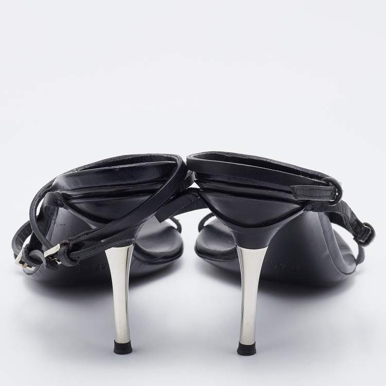 Pre Owned Gucci Black Leather Strappy Sandals Size 37.5