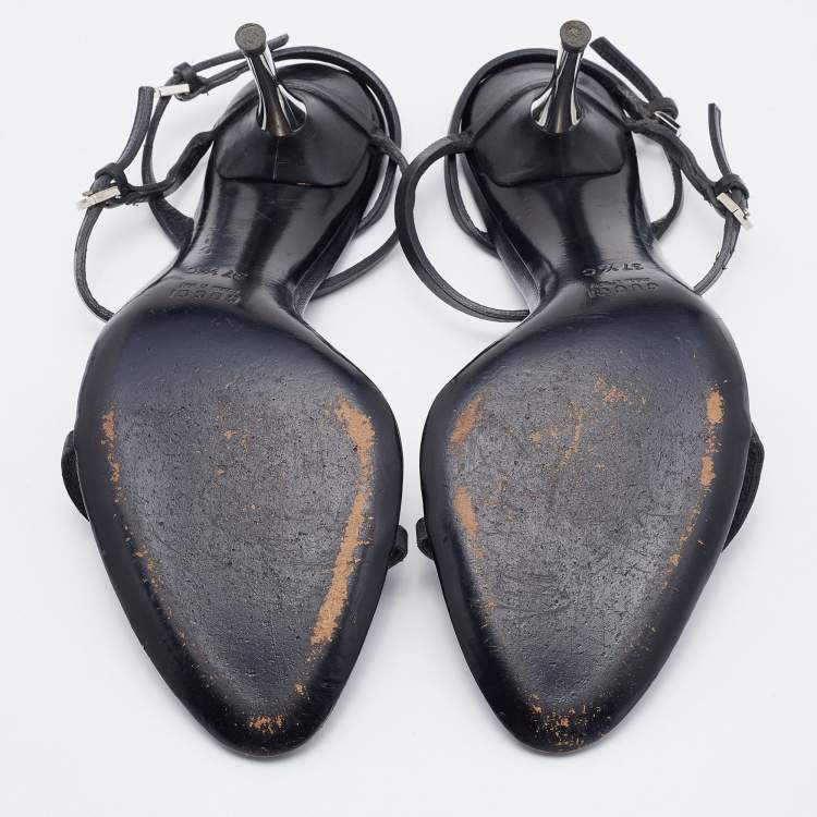 Pre Owned Gucci Black Leather Strappy Sandals Size 37.5