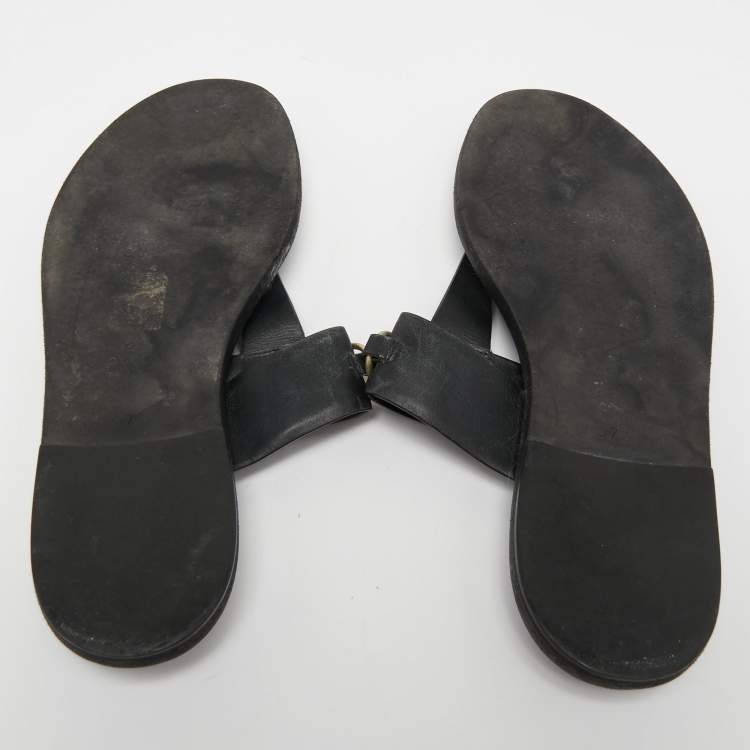 Pre Owned Gucci Black Leather Horsebit Thong Flats Size 37.5