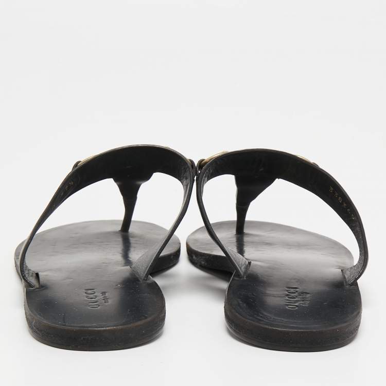 Pre Owned Gucci Black Leather Horsebit Thong Flats Size 37.5