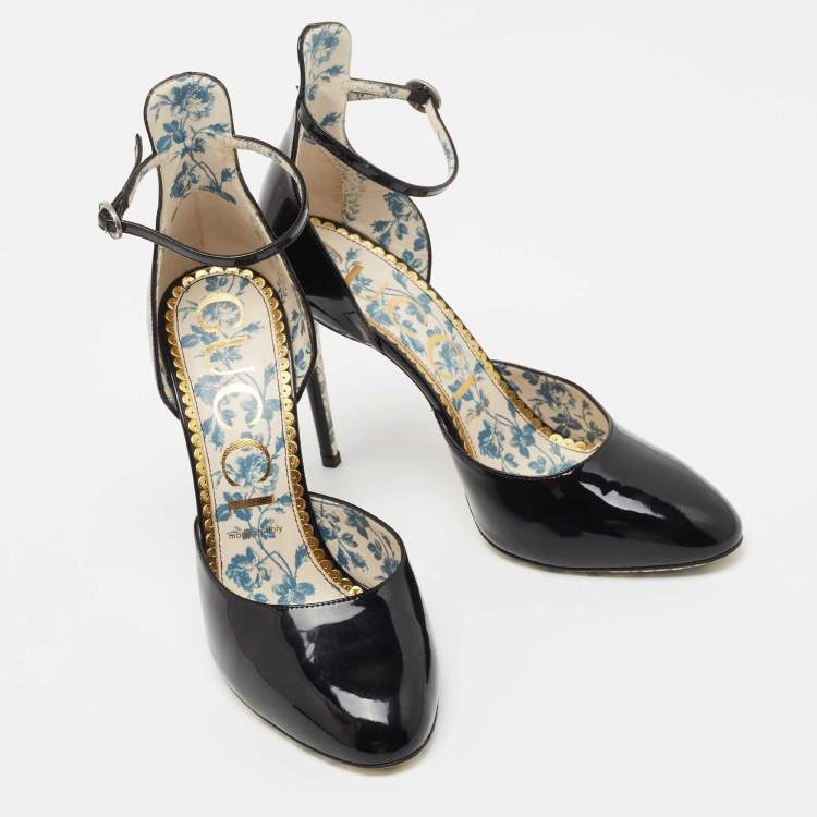 Pre Owned Gucci Black Patent Daisy Ankle Strap Pumps Size 40