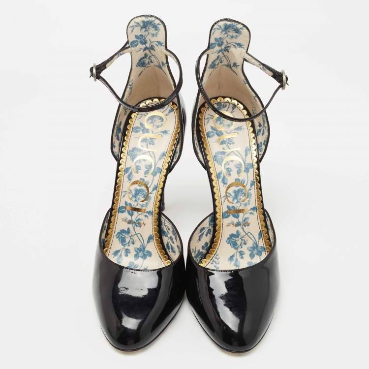 Pre Owned Gucci Black Patent Daisy Ankle Strap Pumps Size 40