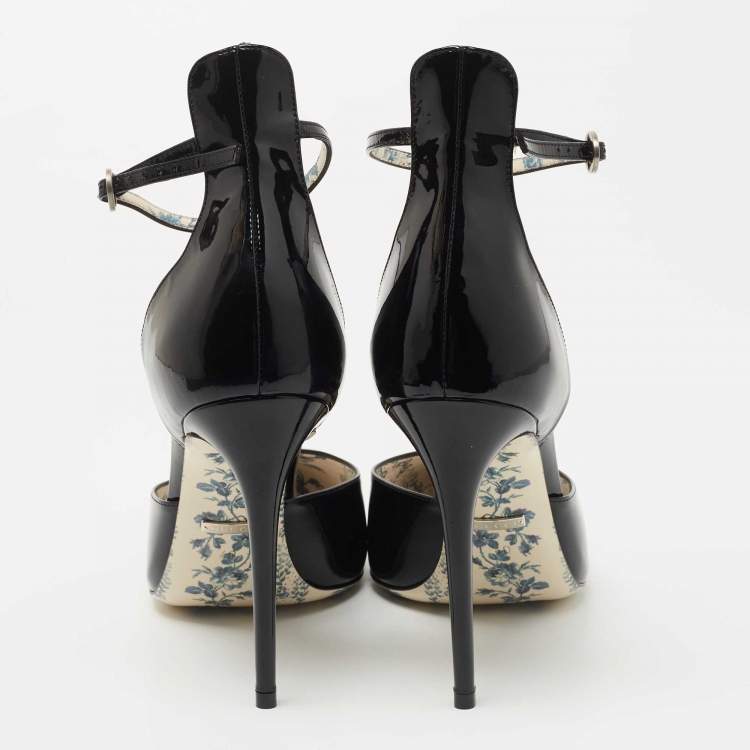 Pre Owned Gucci Black Patent Daisy Ankle Strap Pumps Size 40