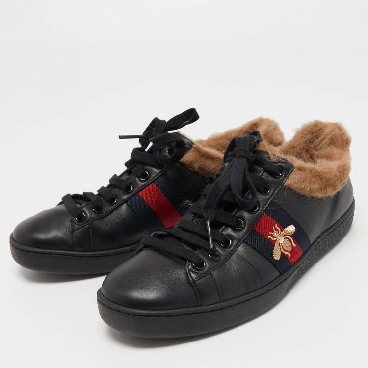 Gucci Black Leather and Fur Ace Embroidered Bee Low Top Sneakers Size   Gucci | TLC