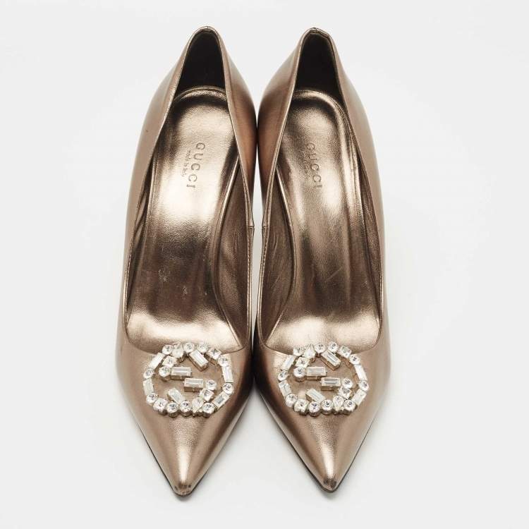 Pre Owned Gucci Metallic Leather Crystal Embellished GG Pumps Size 39.5