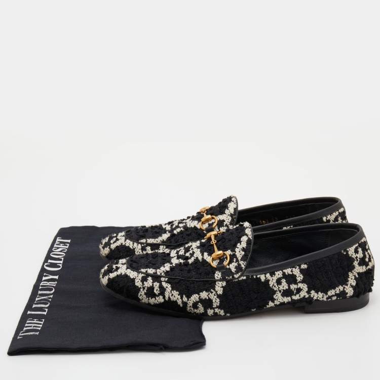 Pre Owned Gucci Black/White Tweed Jordaan Horsebit Loafers Size 38