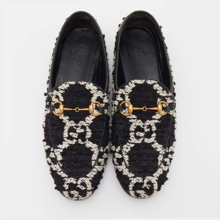 Pre Owned Gucci Black/White Tweed Jordaan Horsebit Loafers Size 38