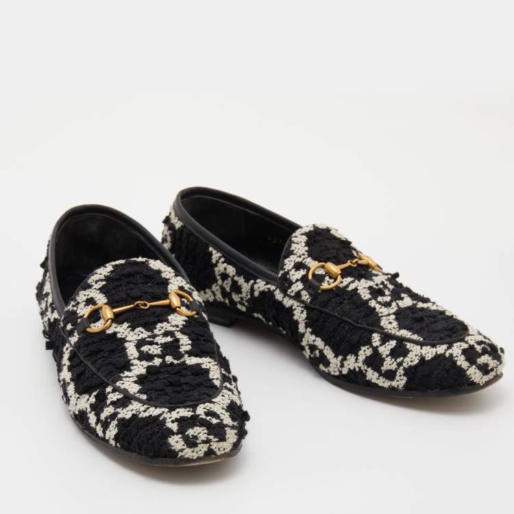 Pre Owned Gucci Black/White Tweed Jordaan Horsebit Loafers Size 38
