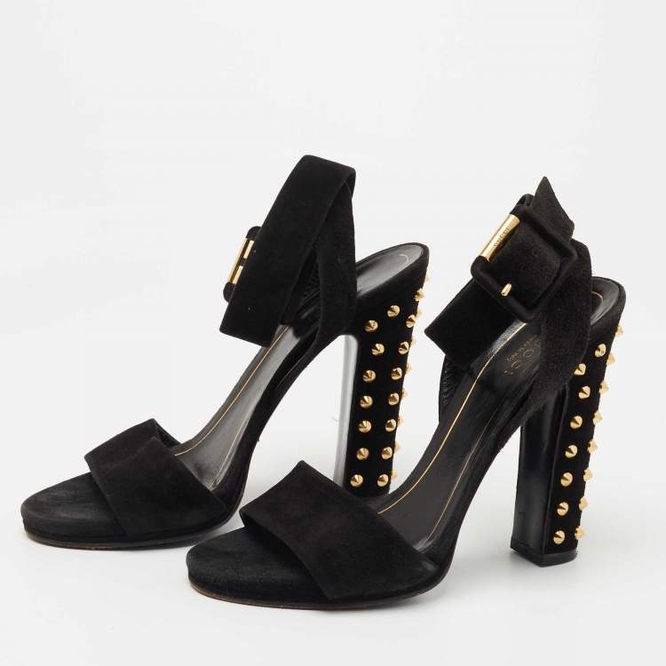Pre Owned Gucci Black Suede Studded Ankle Wrap Sandals Size 37
