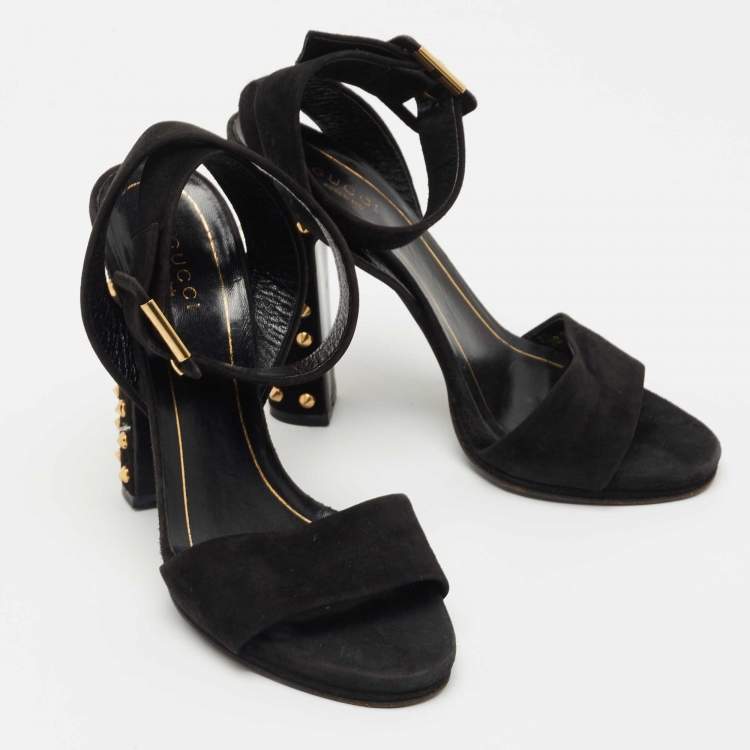 Pre Owned Gucci Black Suede Studded Ankle Wrap Sandals Size 37