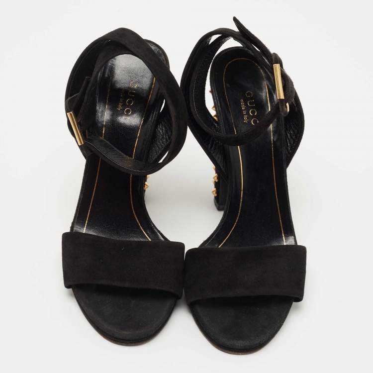 Pre Owned Gucci Black Suede Studded Ankle Wrap Sandals Size 37