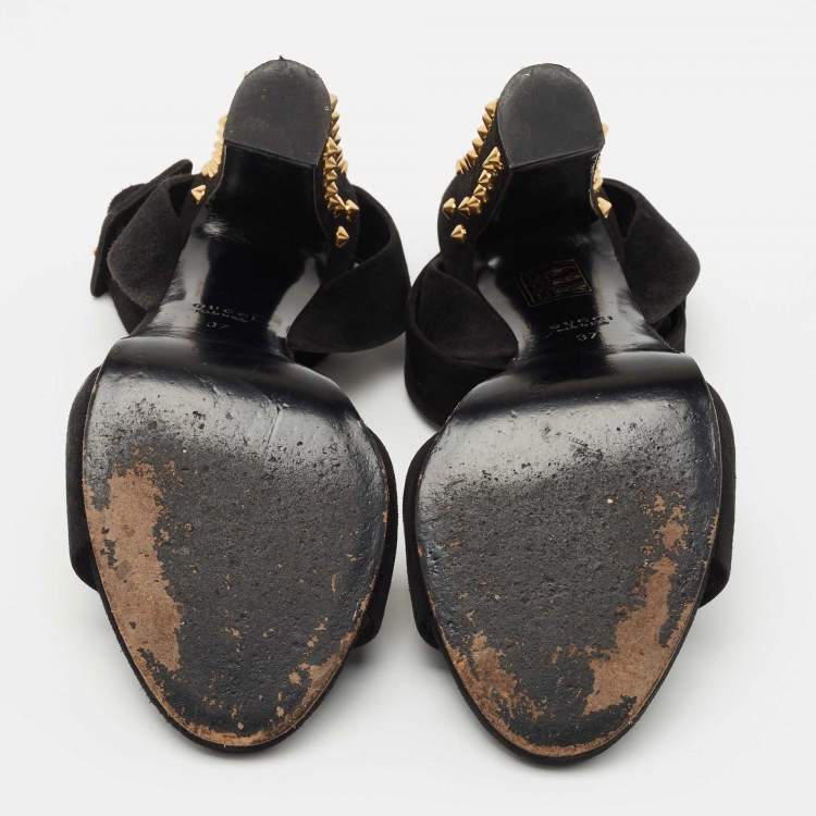Pre Owned Gucci Black Suede Studded Ankle Wrap Sandals Size 37