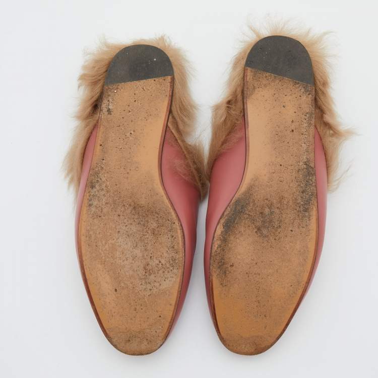 Pre Owned Gucci Pink Leather and Fur Horsebit Princetown Flat Mules Size 38
